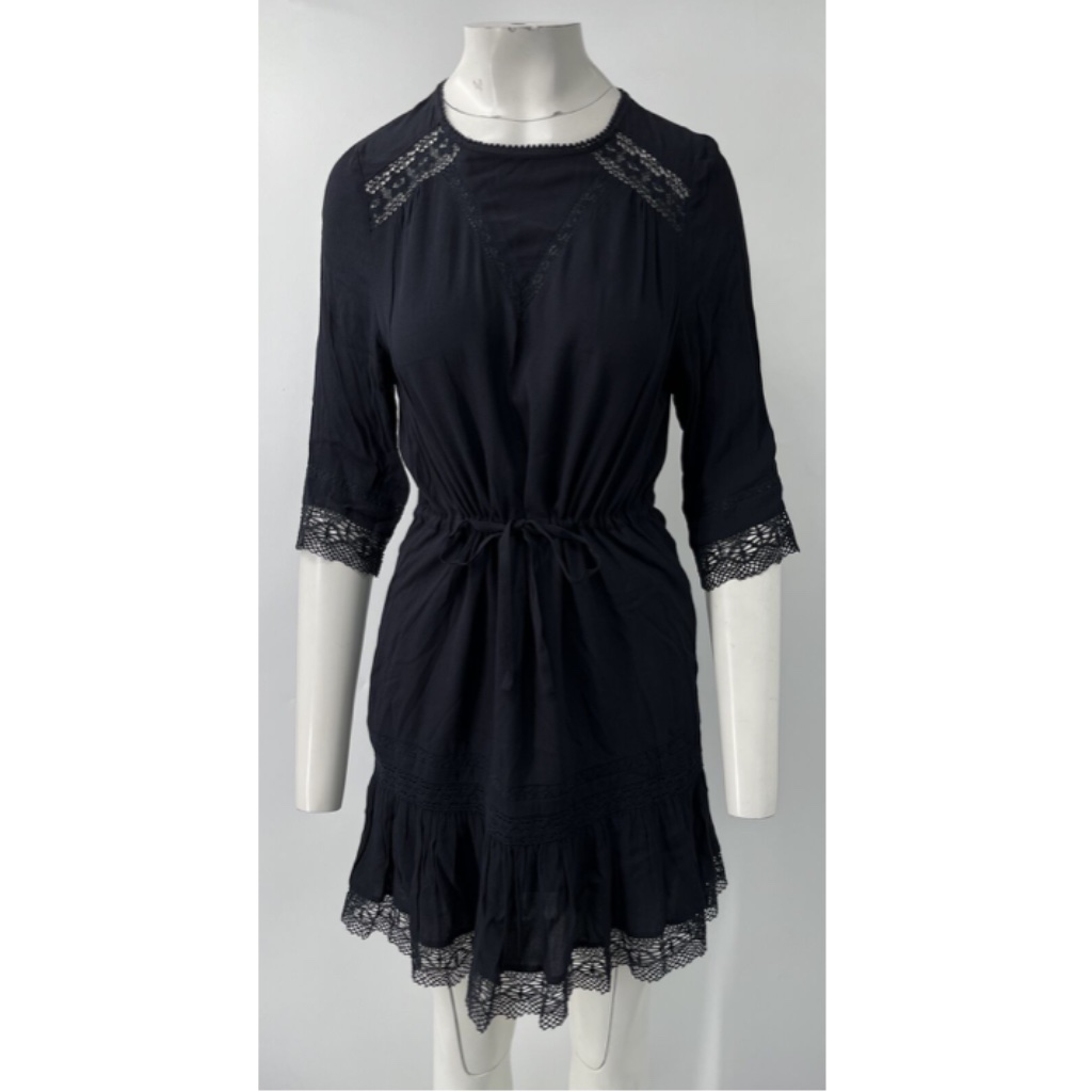 Maje Navy Blue 3/4 Sleeve Drawstring Waist Eyelet Trim A-Line Dress Sz 1